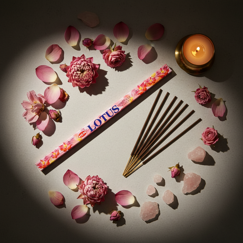 HEM Lotus incense flat lay - long box horizontal with sticks, lotus petals and crystals