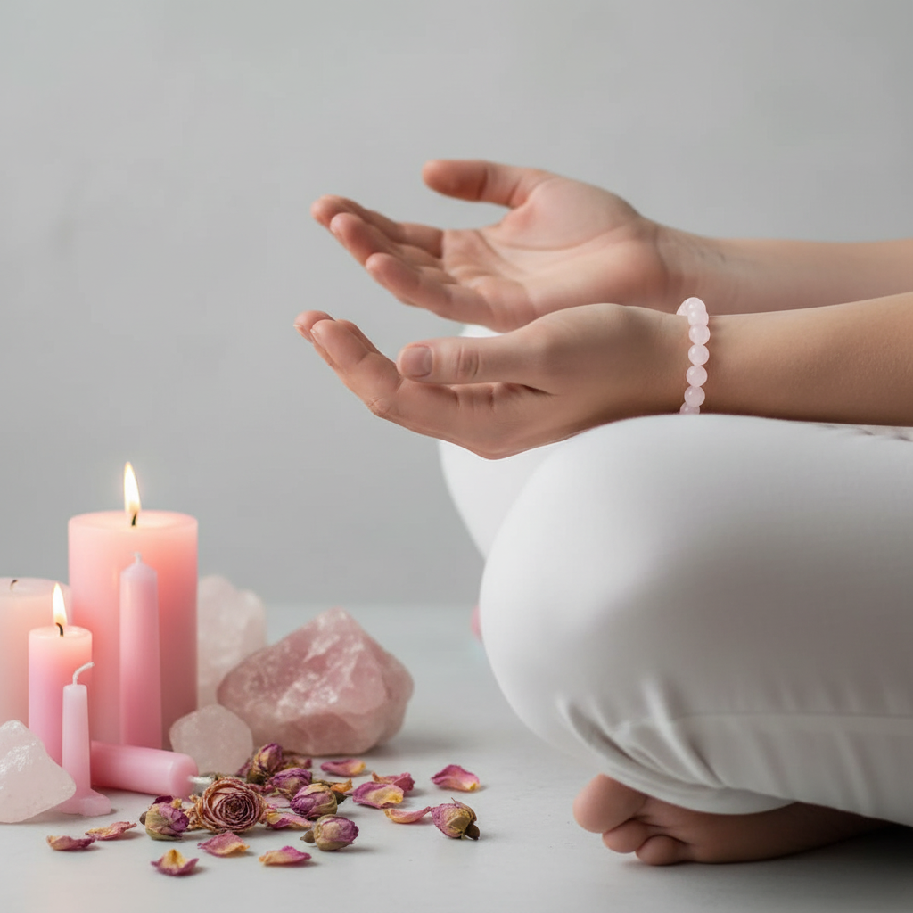 Hands in meditation pose wearing rose quartz beaded bracelet with crystals and pink roses