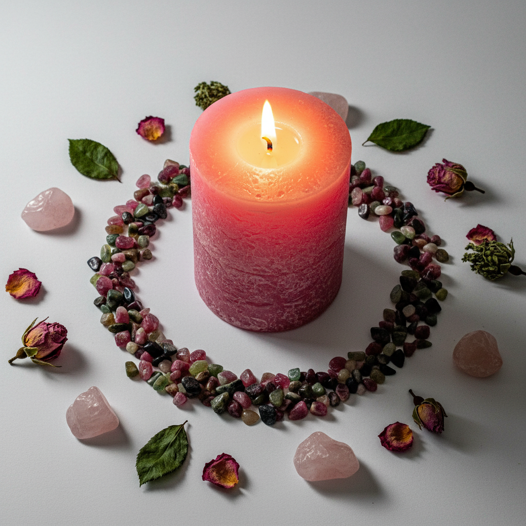 Watermelon tourmaline chips in circle around lit pink candle with rose petals and ritual props