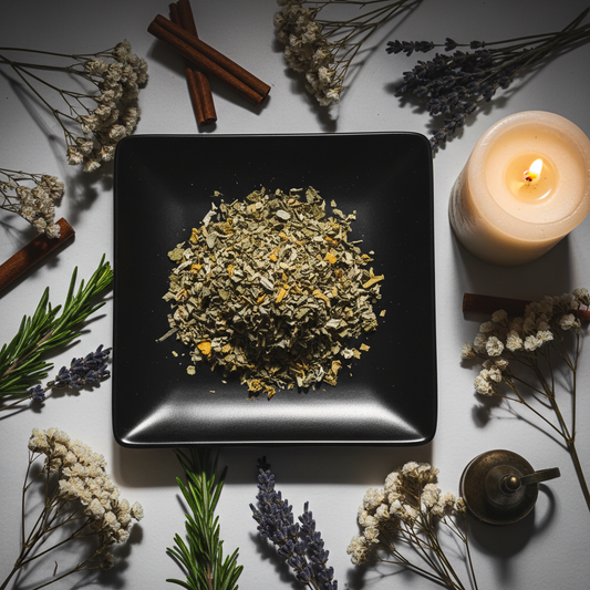Dried mullein leaf on black square ceramic plate with candle, flowers and herbs