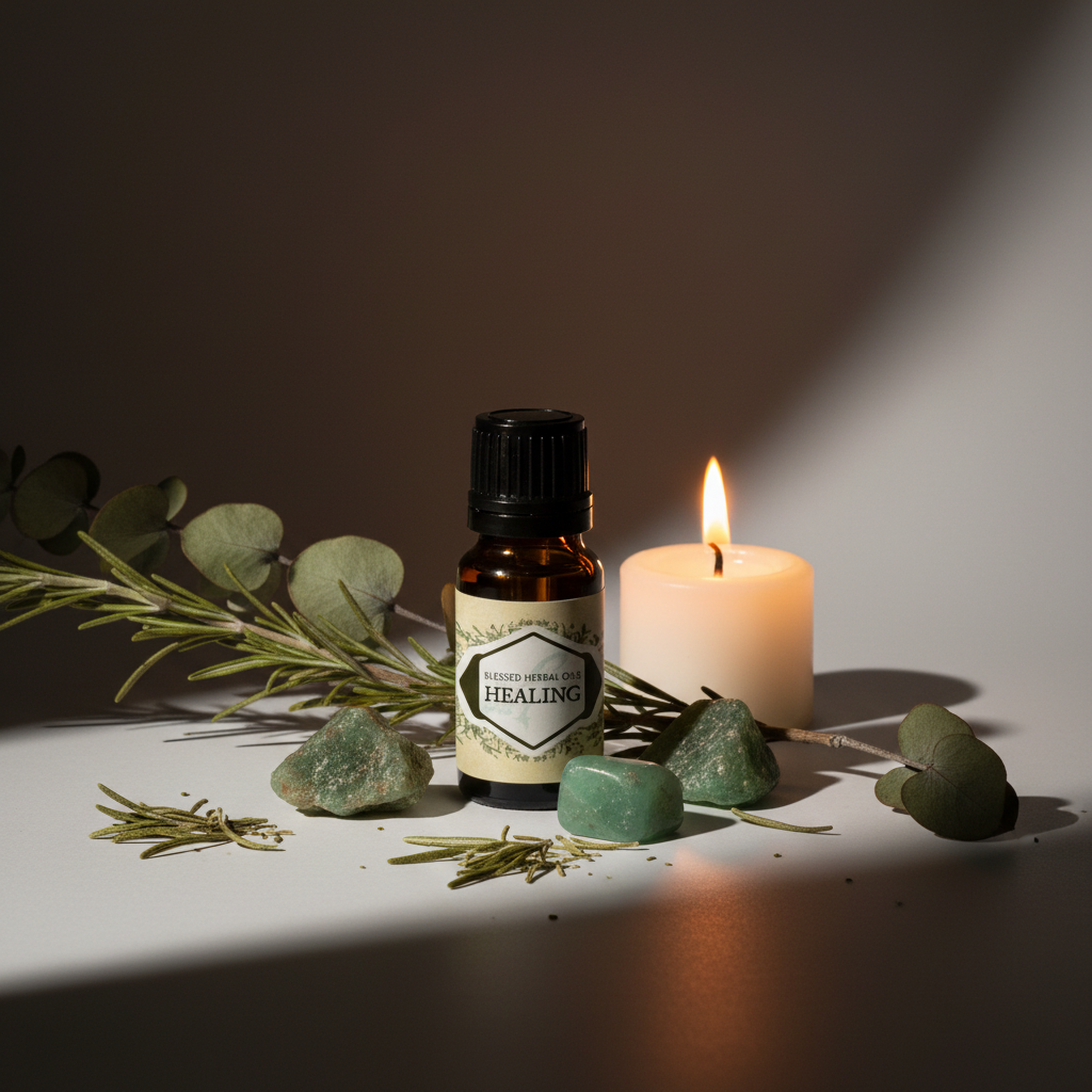 Blessed Herbal Healing Oil lifestyle shot - bottle with green aventurine, herbs and candle