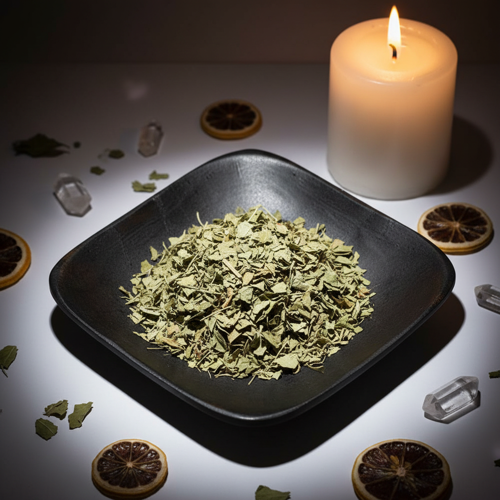 Dried lemon verbena on black ceramic plate with candle and crystals