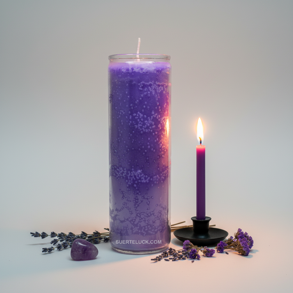 Purple 7 day glass jar candle standing upright with dried lavender, amethyst crystal and purple flowers on light grey background