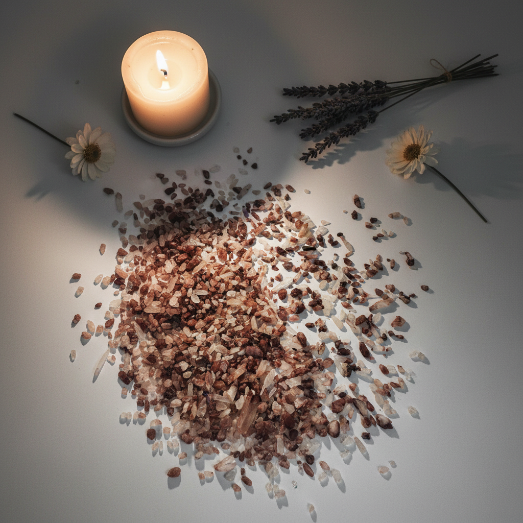 Cluster of lithium quartz crystal chips with dried lavender and white flower props