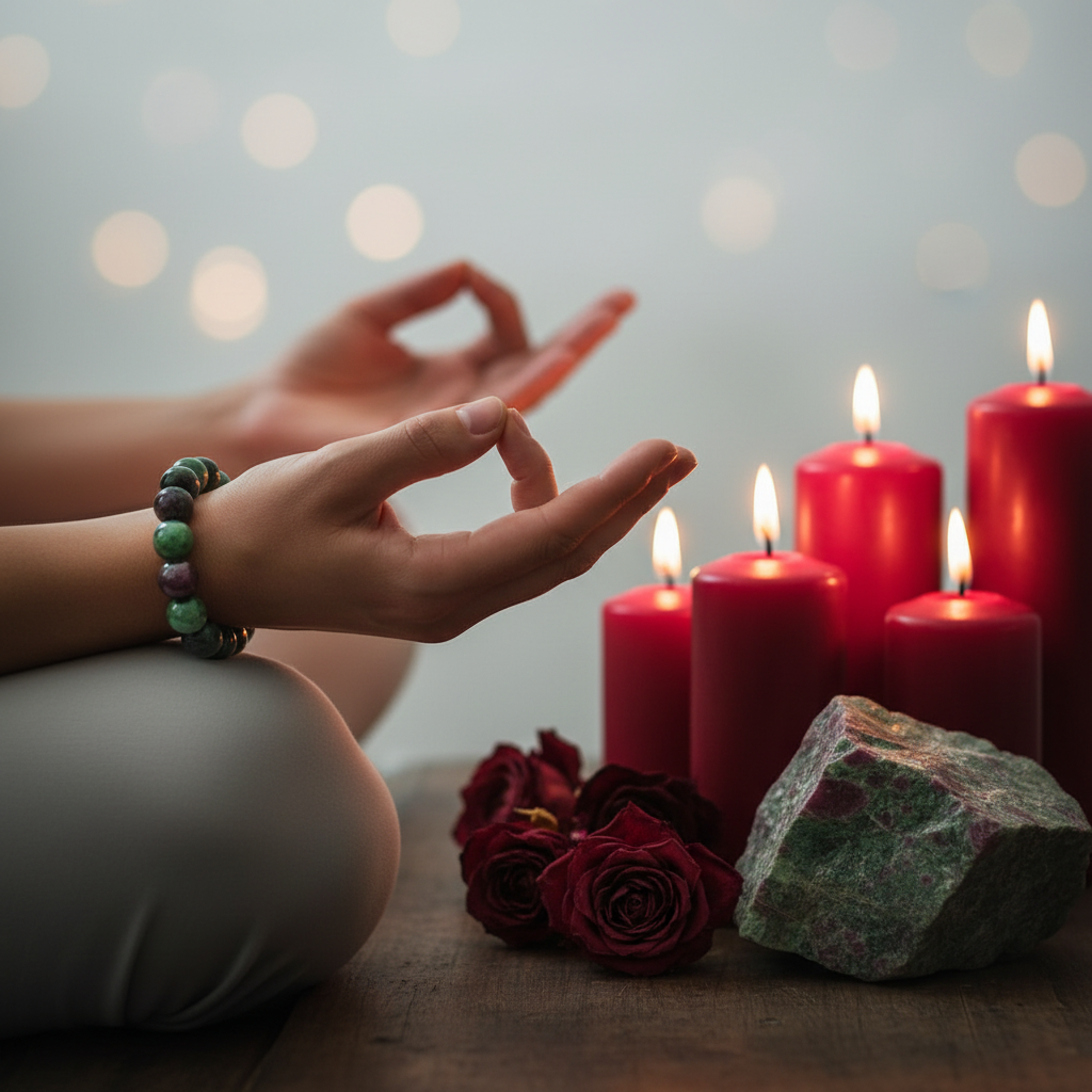 Hands in meditation pose wearing ruby zoisite bracelet with raw crystal and red roses in candlelight