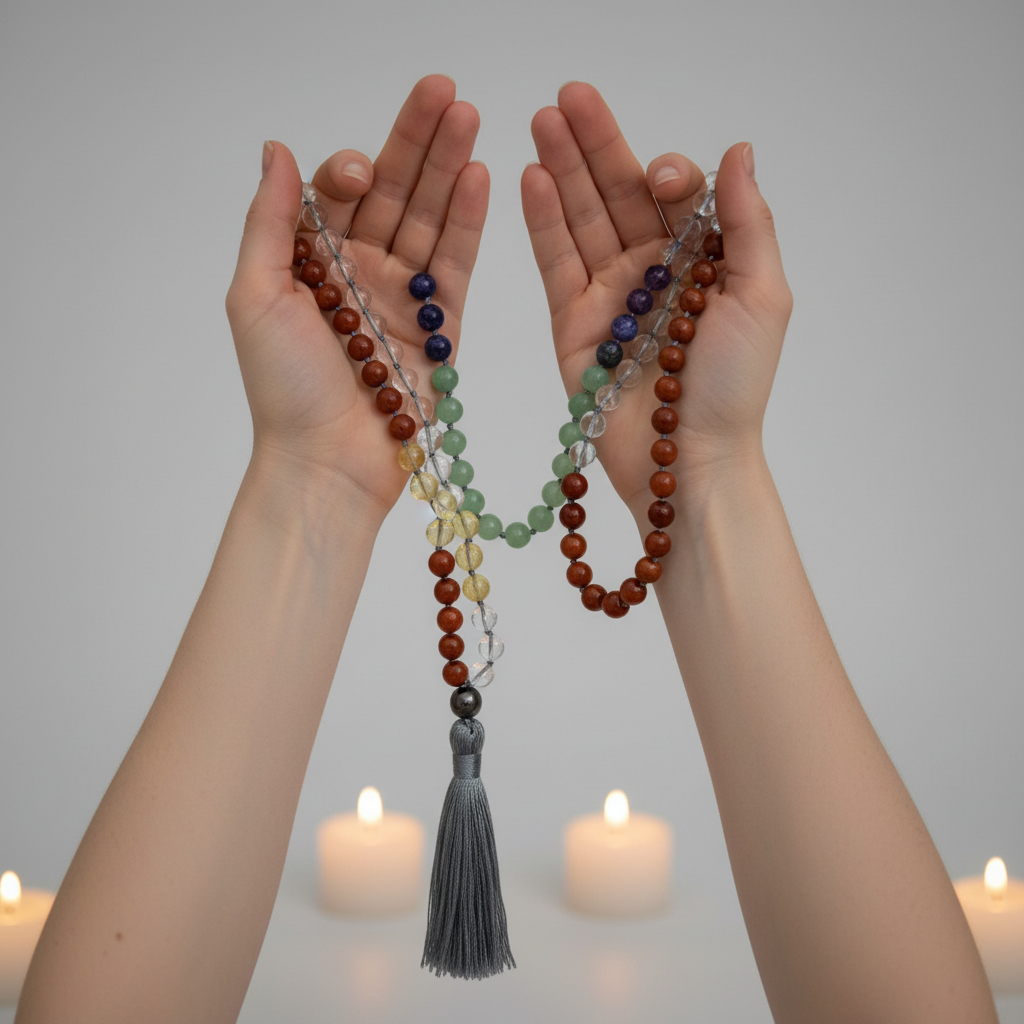 Hands in japa meditation position holding 108-bead chakra mala with rainbow gemstone colors and grey tassel