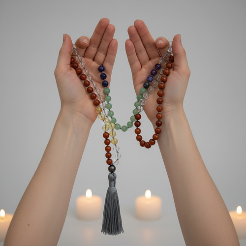 Hands in japa meditation position holding 108-bead chakra mala with rainbow gemstone colors and grey tassel