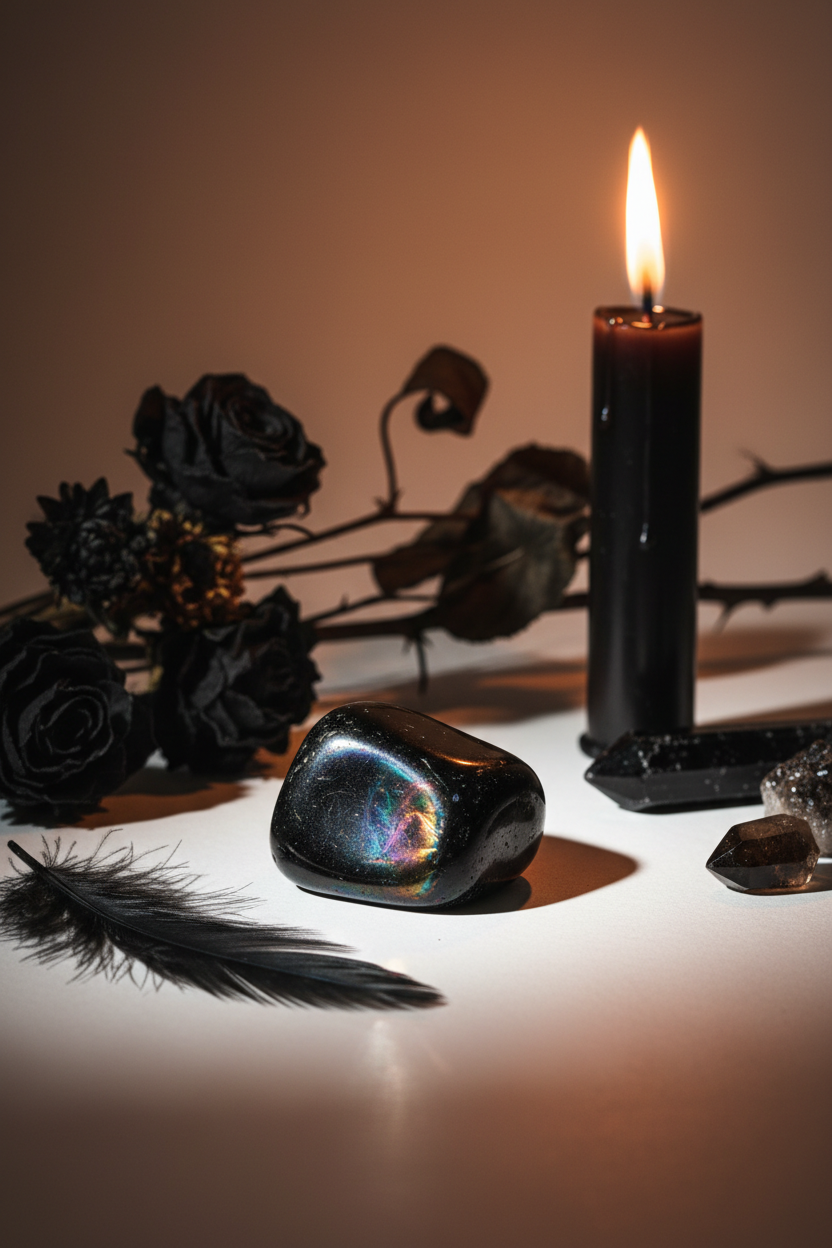 Rainbow obsidian tumbled stone lifestyle shot with black feather, dark botanicals and candlelight