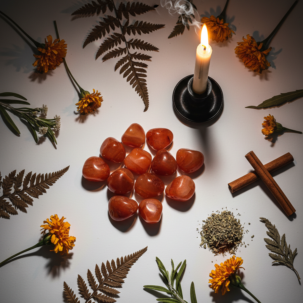 Carnelian tumbled stones flat lay