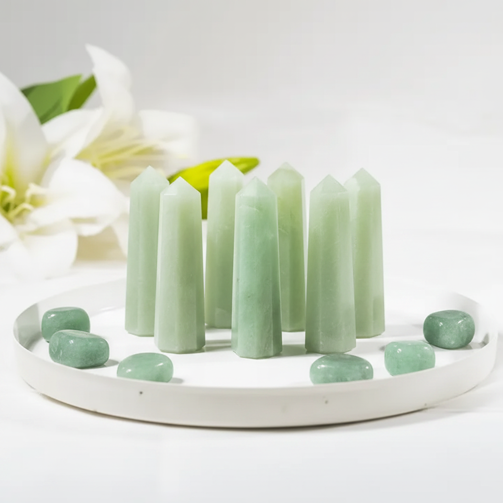 Cluster of green aventurine crystal towers on bright white background with white flowers