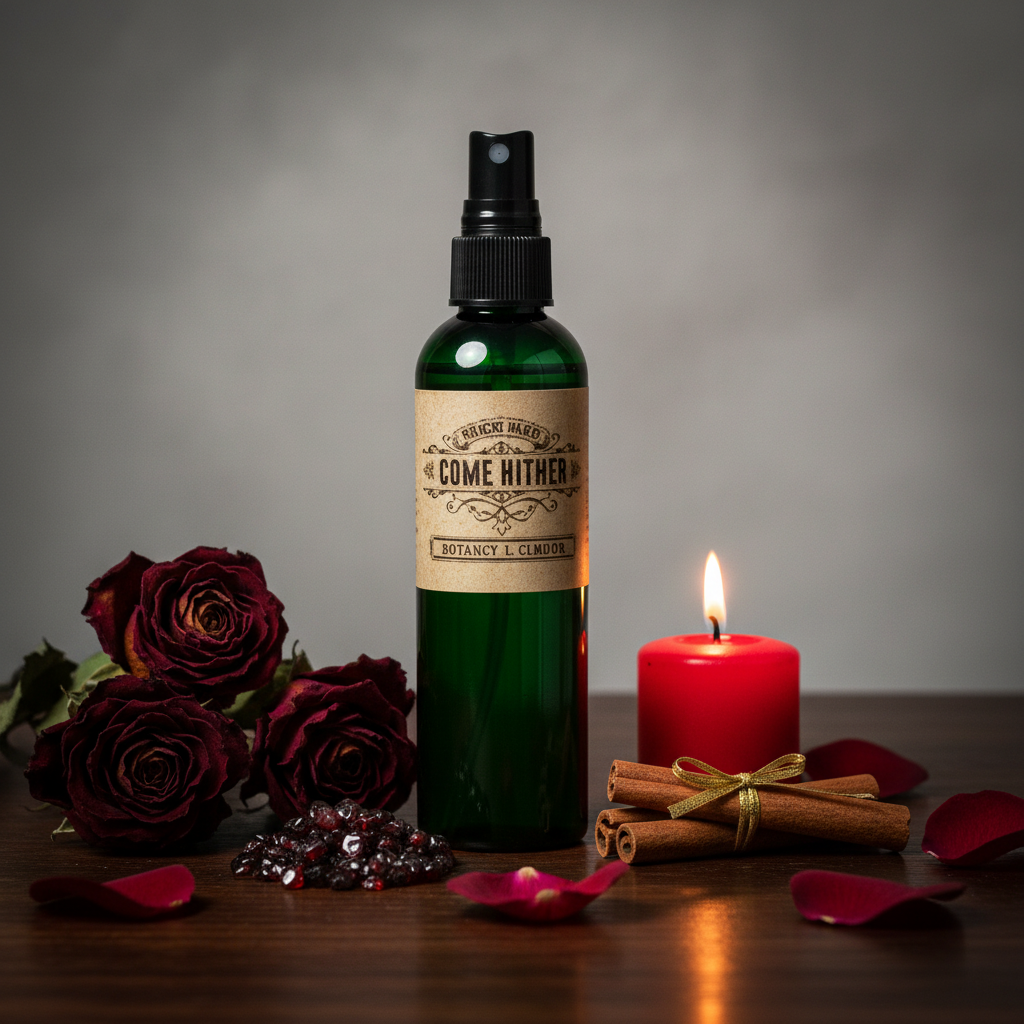 Come Hither green spray bottle with rose petals, garnet chips and red candle props