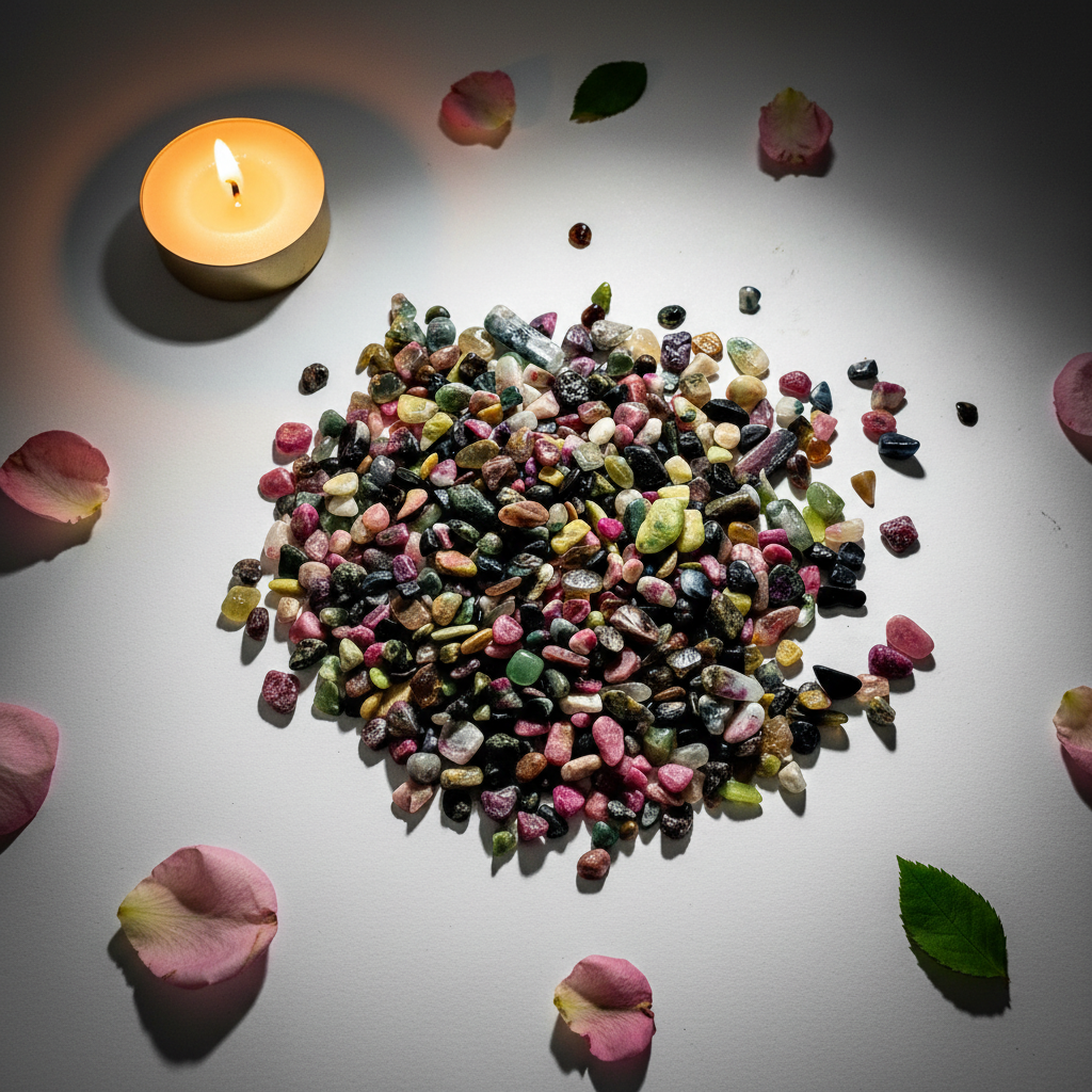 Cluster of watermelon tourmaline crystal chips with pink and green coloring, rose petals and candle