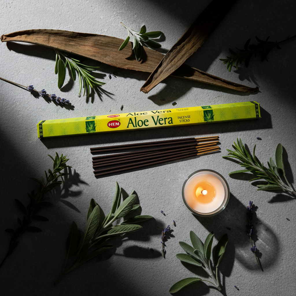 Hem Aloe Vera incense sticks flat lay - sticks horizontal with box, herbs and candle