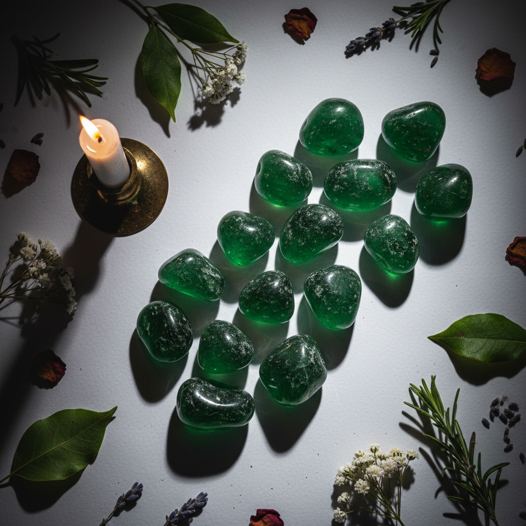 Green Obsidian glass tumbled stones flat lay