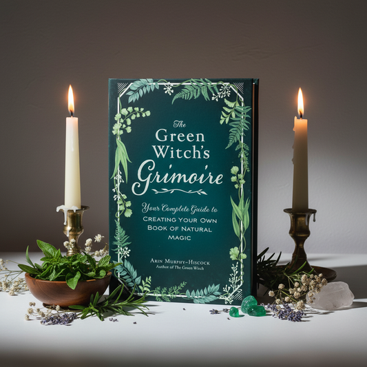 The Green Witch's Grimoire book standing upright with herbs and candlelight