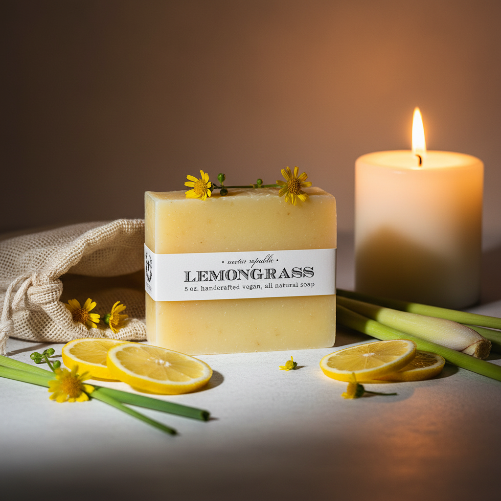 Nectar Republic Lemongrass soap bar with muslin bag, lemongrass and candle lifestyle shot