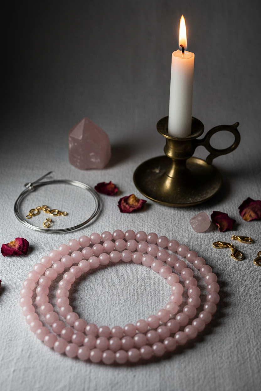 Rose Quartz beads lifestyle jewelry making shot