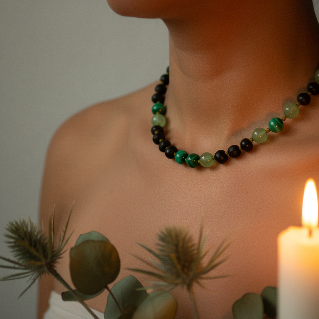 Raw molasses Baltic amber necklace with vivid green aventurine and malachite accents worn against skin in warm candlelight