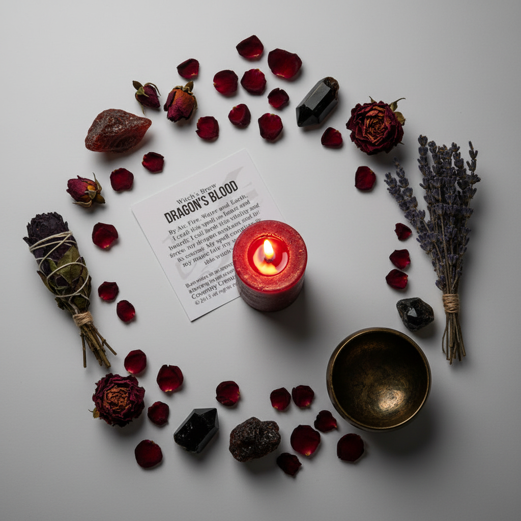 Dragon's Blood candle flat lay top-down with spell card, resin and rose petals