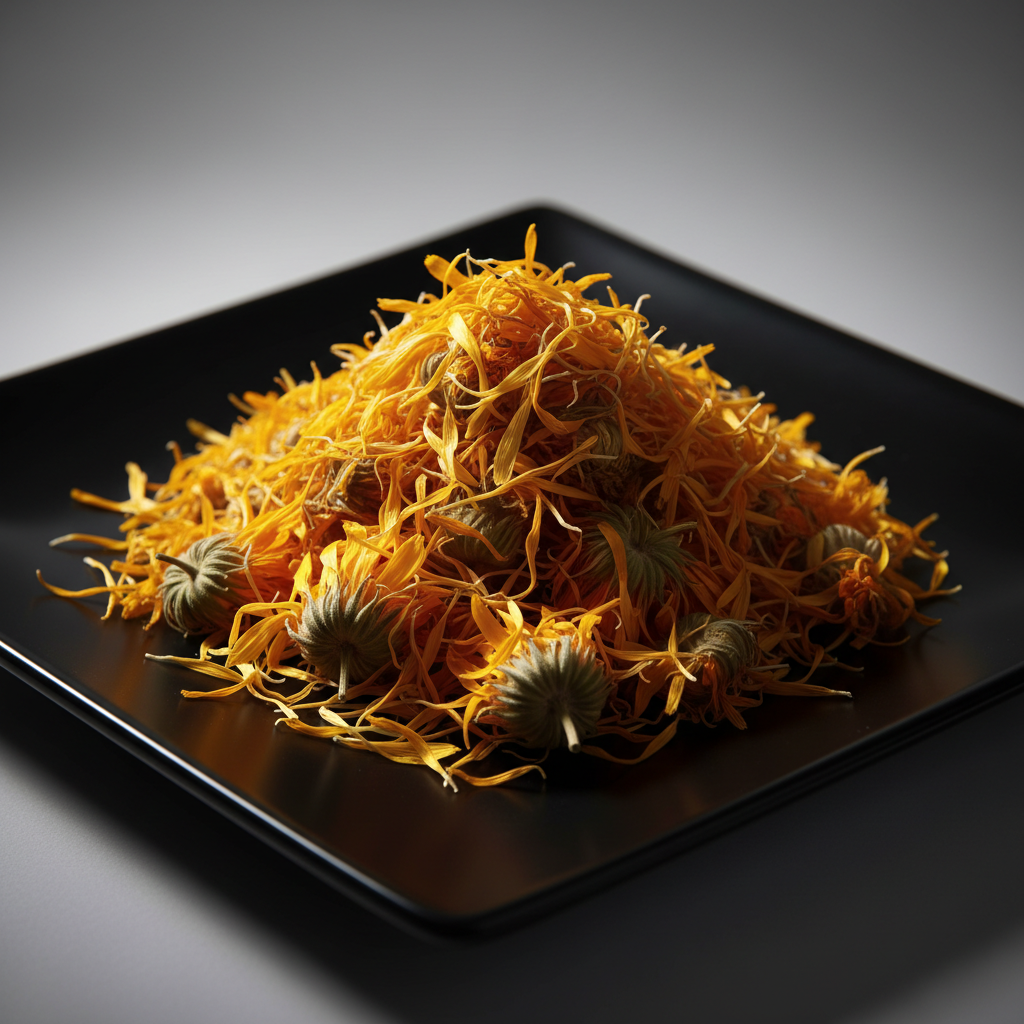 Dried calendula flowers and petals on black ceramic plate hero shot