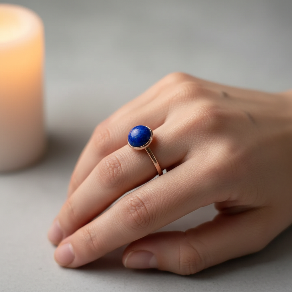 Hand wearing lapis lazuli rose gold ring close-up with royal blue stone and rose gold band in warm candlelight