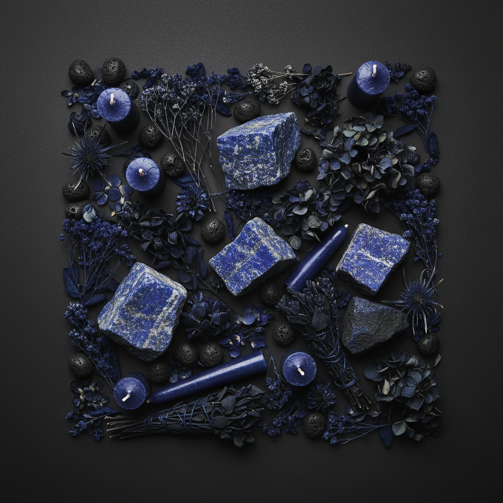 Dark flat lay with raw lapis lazuli chunks, lava stones, dark blue botanicals and indigo candles on charcoal background