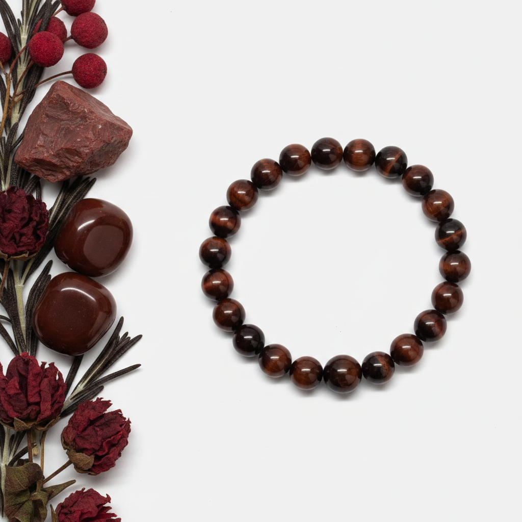 Red Tiger's Eye bracelet flat in circle with deep mahogany-red round beads and silky chatoyant flash on light grey background