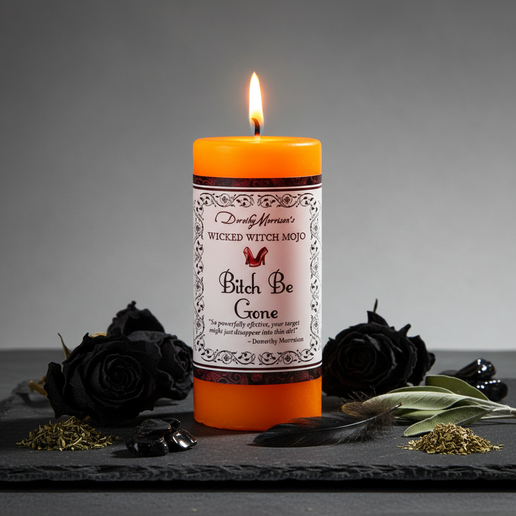 Wicked Witch Mojo Bitch Be Gone orange pillar candle standing upright with witchy protection props