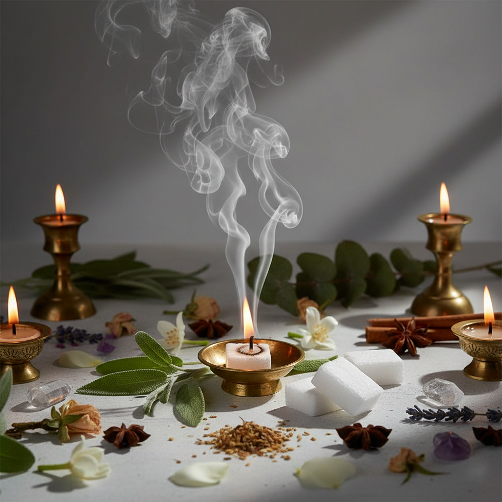 Camphor tablet burning in ritual altar scene