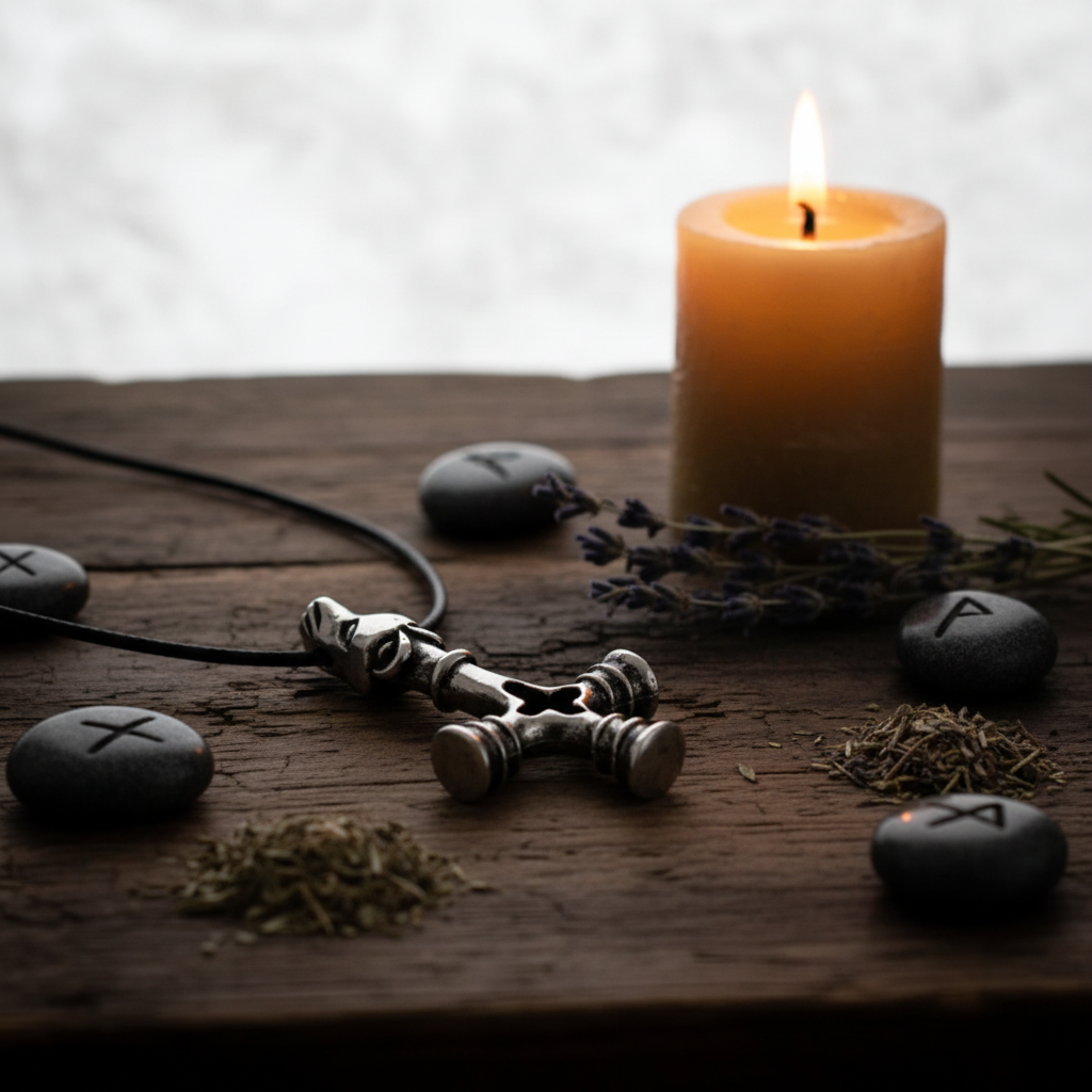 Dragon Hammer pendant with rune stones, herbs and candle in moody Norse setting