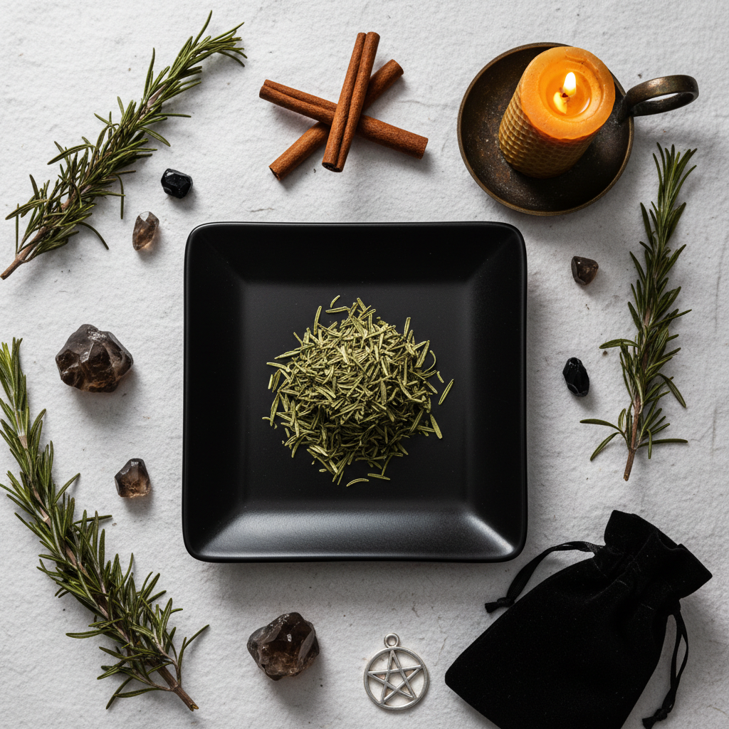 Rosemary leaf flat lay top down with props