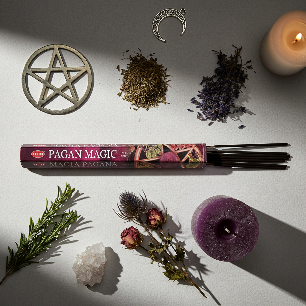 Flat lay of HEM Pagan Magic incense tube with sticks, pentacle, crystals, dried herbs and moon charm
