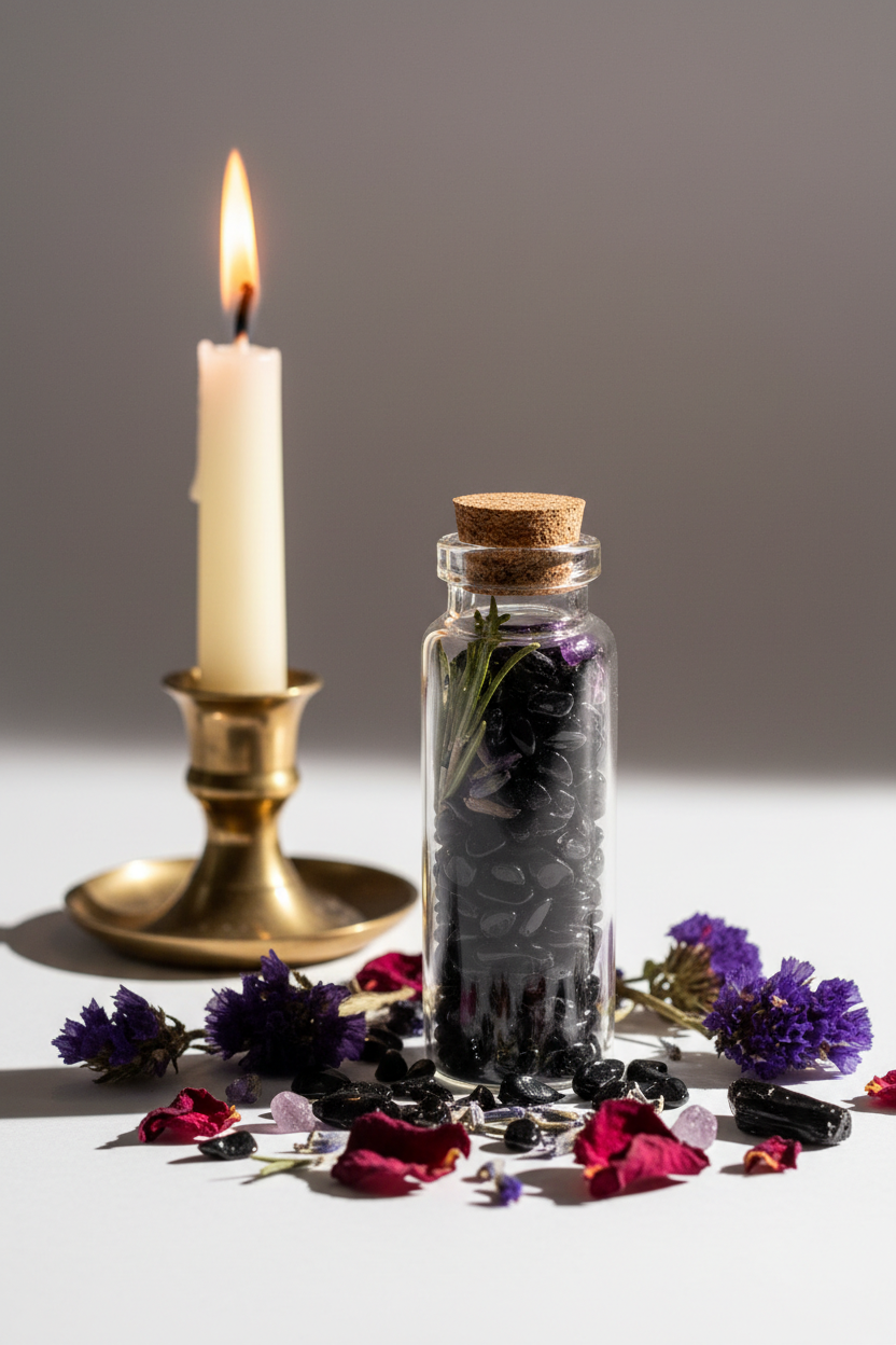 Black Onyx crystal chips in spell bottle
