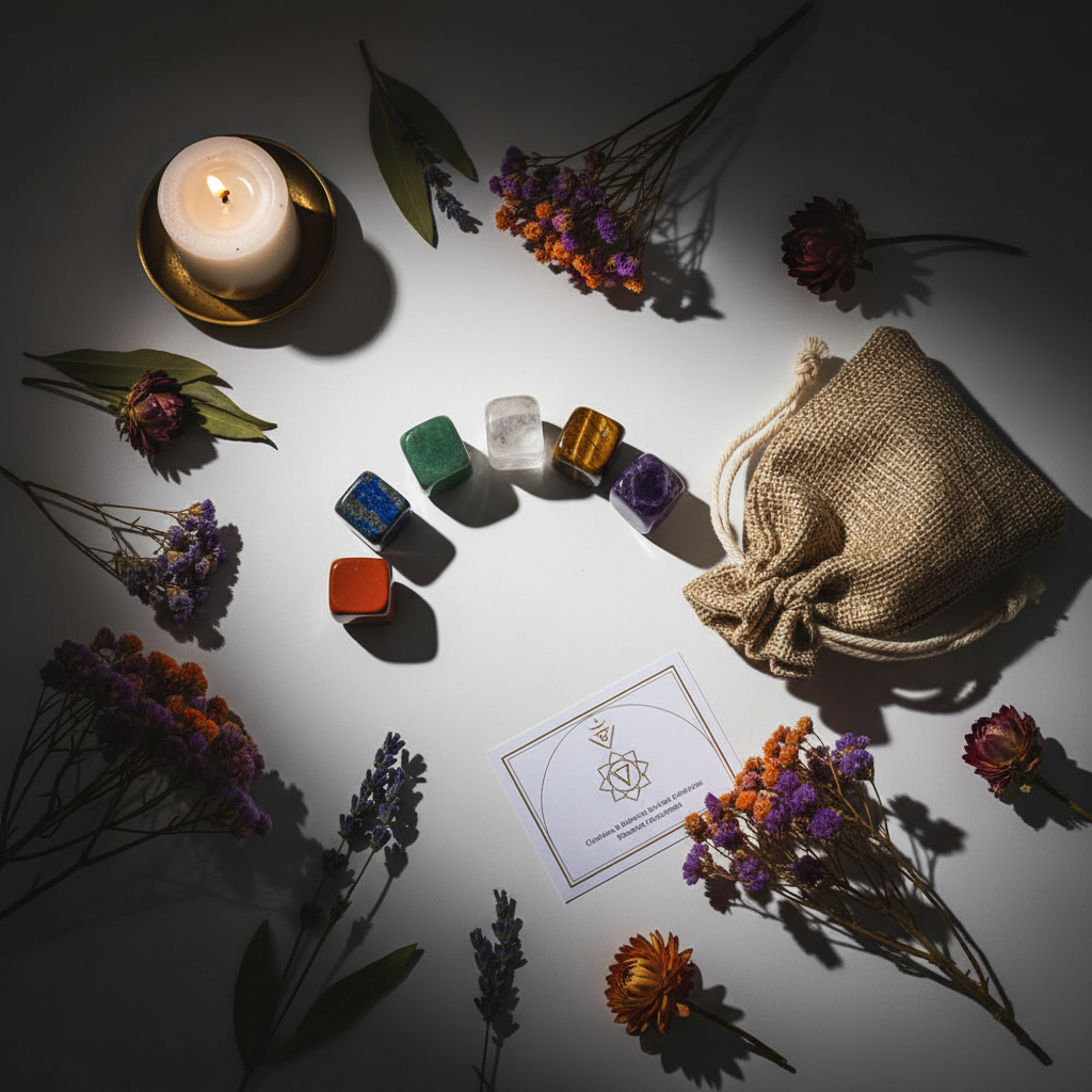 Flat lay of seven chakra stones in rainbow arc with burlap pouch, dried flowers and candle on light grey background