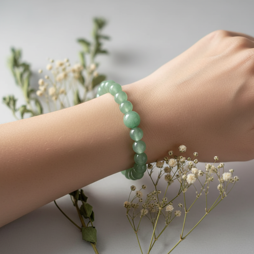 Green aventurine beaded bracelet worn on wrist with soft green beads and guru bead visible