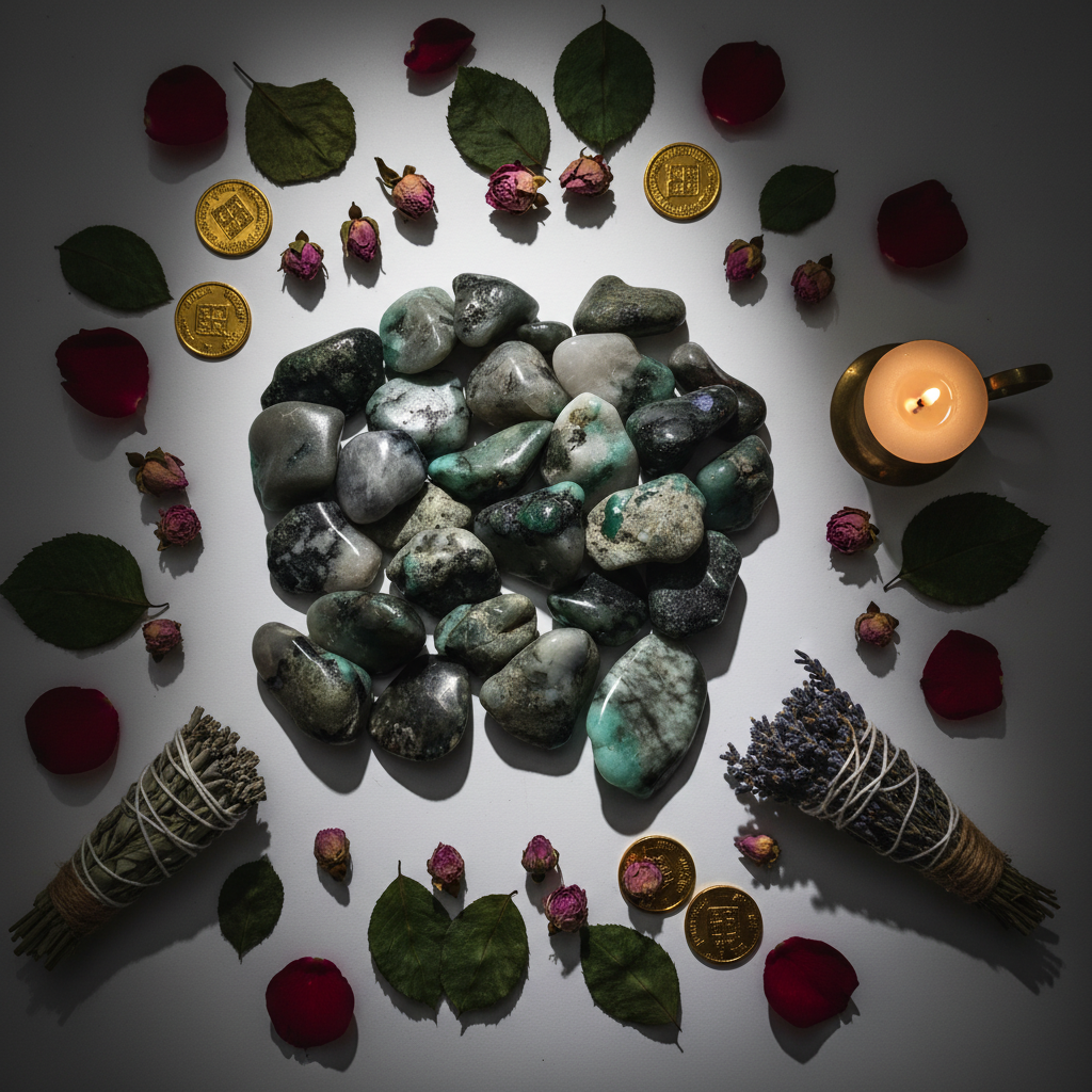 Flat lay of emerald tumbled stones with rose buds, gold coins and candle props
