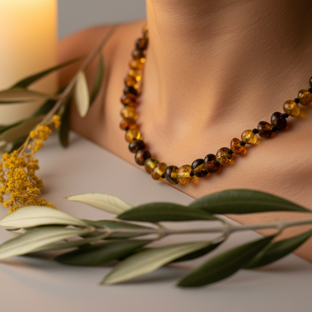 Polished olive mix Baltic amber necklace with two-tone lemon-yellow and dark olive beads worn against skin in warm candlelight
