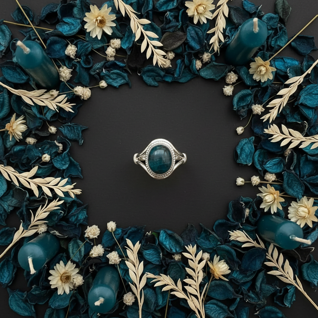 Blue apatite ring flat lay with teal petals, silver botanicals and deep blue candles on dark charcoal background