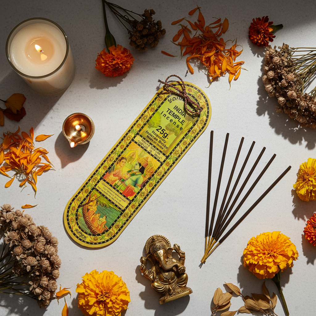 Flat lay of India Temple Incense pack with incense sticks, marigold petals, brass diya and candle