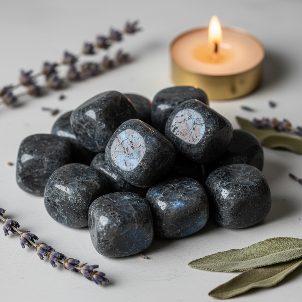 Cluster of larvikite tumbled stones with silver-blue flash and candle props