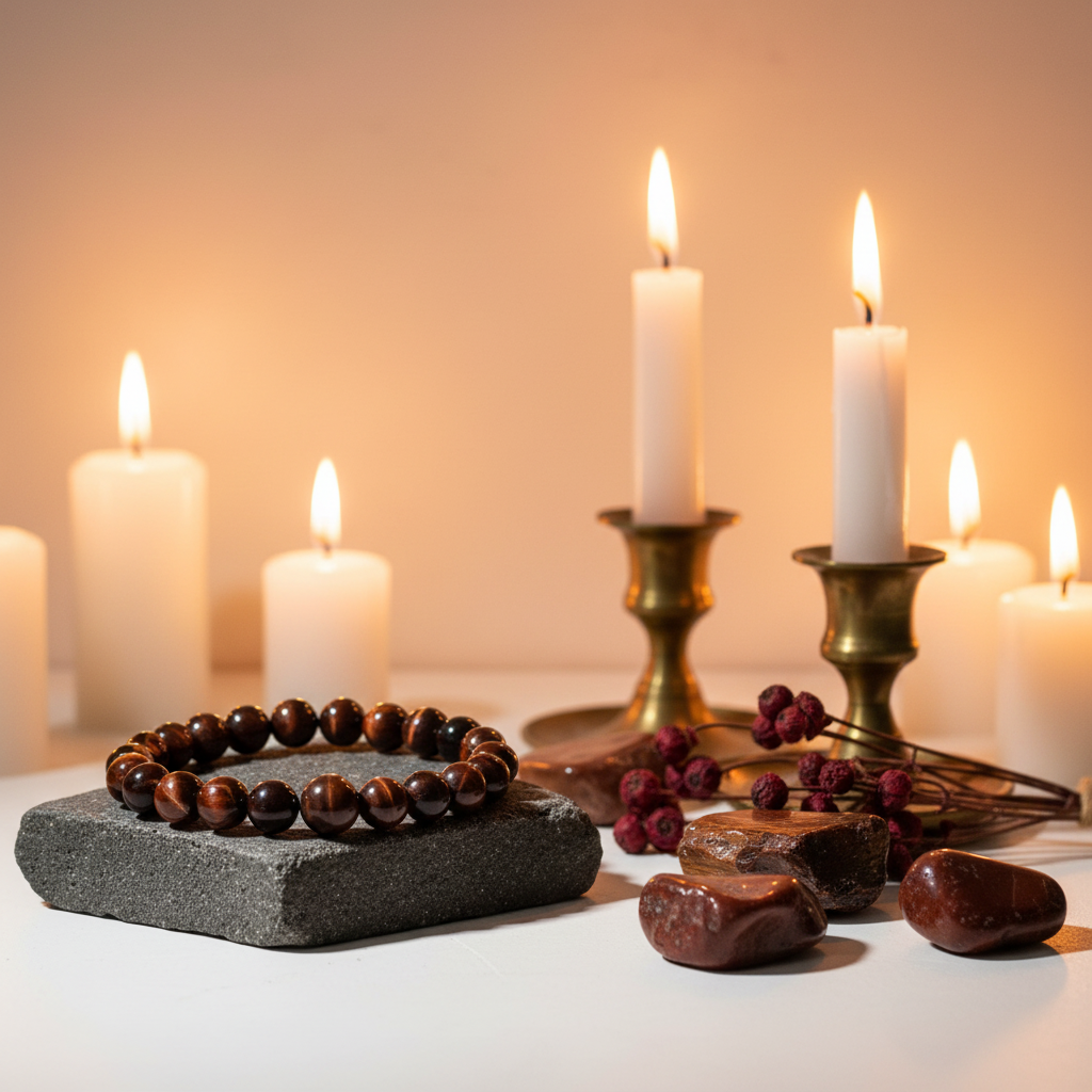 Red Tiger's Eye 8mm beaded stretch bracelet with raw crystal stones and candlelight on light grey background