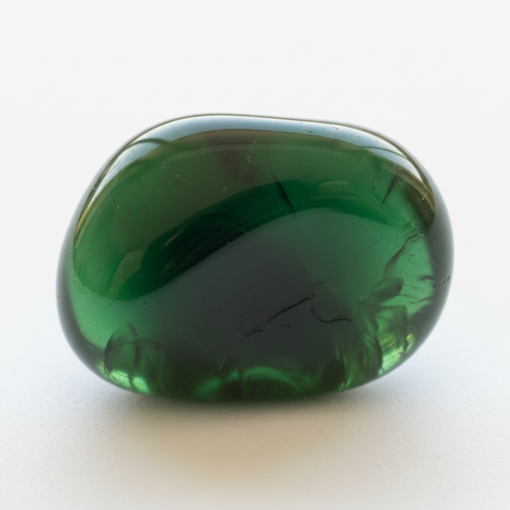 Polished green obsidian tumbled stone with smooth glossy surface and deep forest green volcanic glass coloring