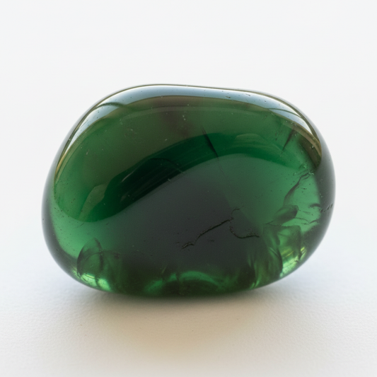 Polished green obsidian tumbled stone with smooth glossy surface and deep forest green volcanic glass coloring