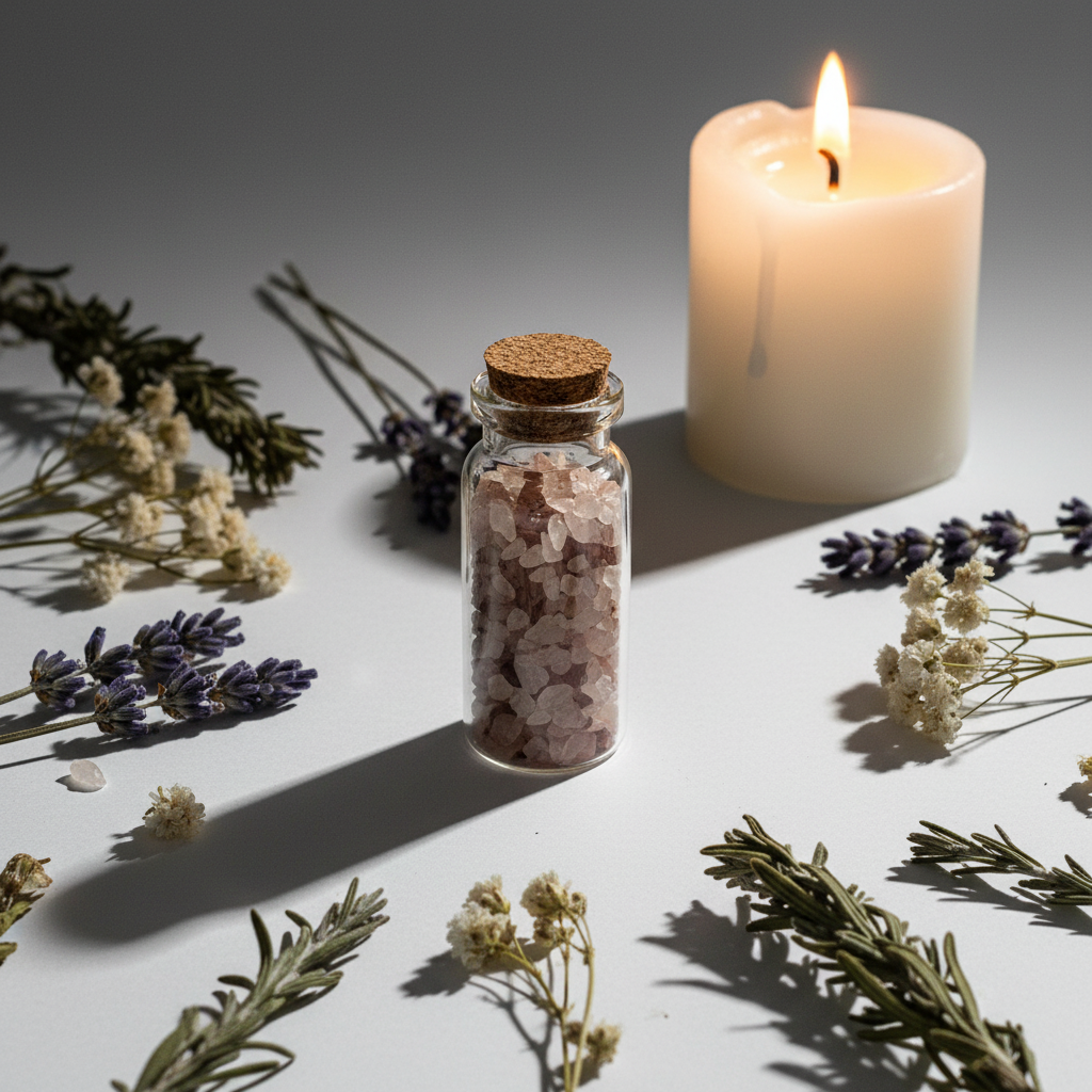 Lithium quartz crystal chips inside a clear glass spell bottle with cork and herb props