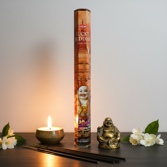 HEM Lucky Buddha incense hex tube standing upright with Buddha figurine, jasmine blossoms and candlelight
