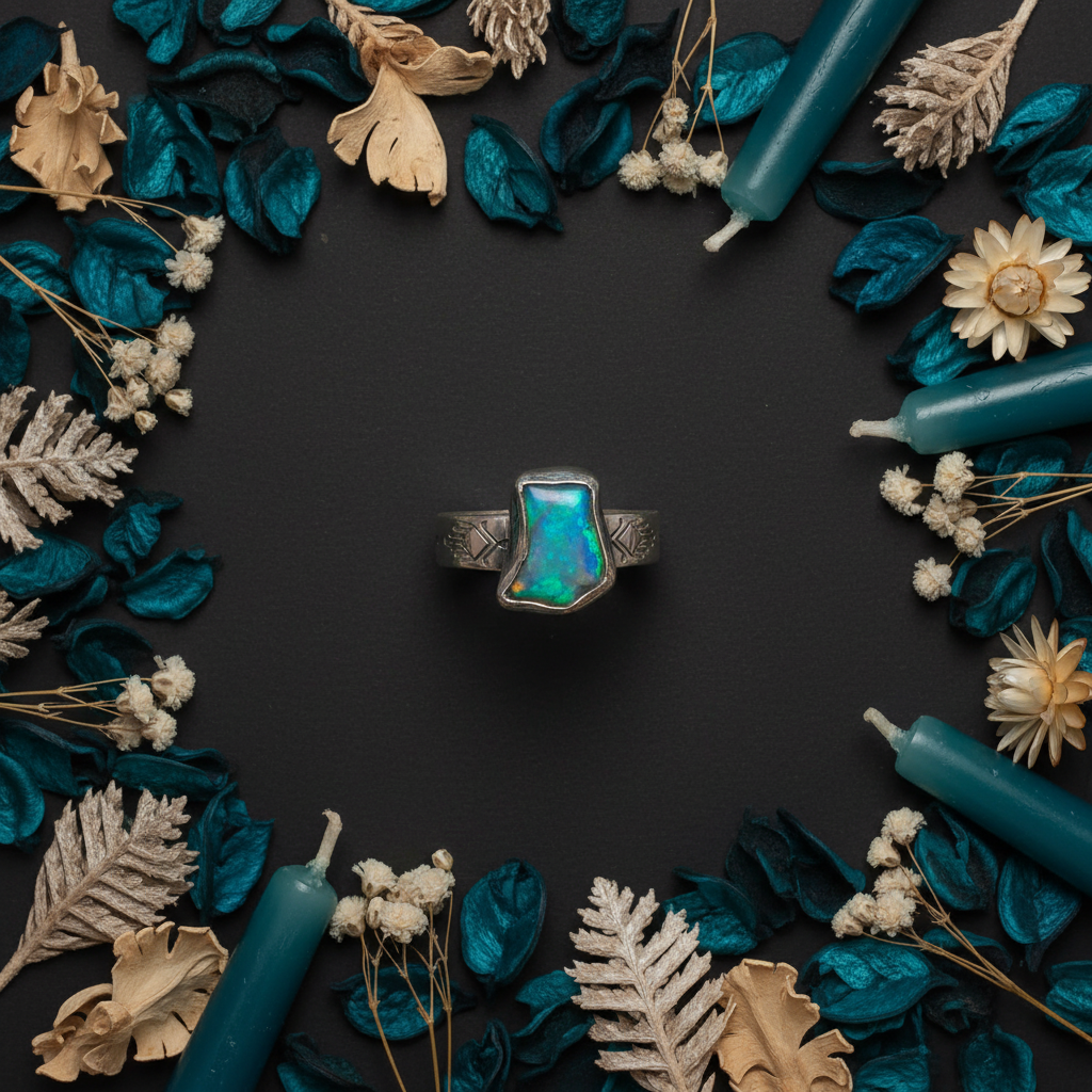 Ethiopian opal ring flat lay with teal petals, silver botanicals and deep blue candles on dark charcoal background
