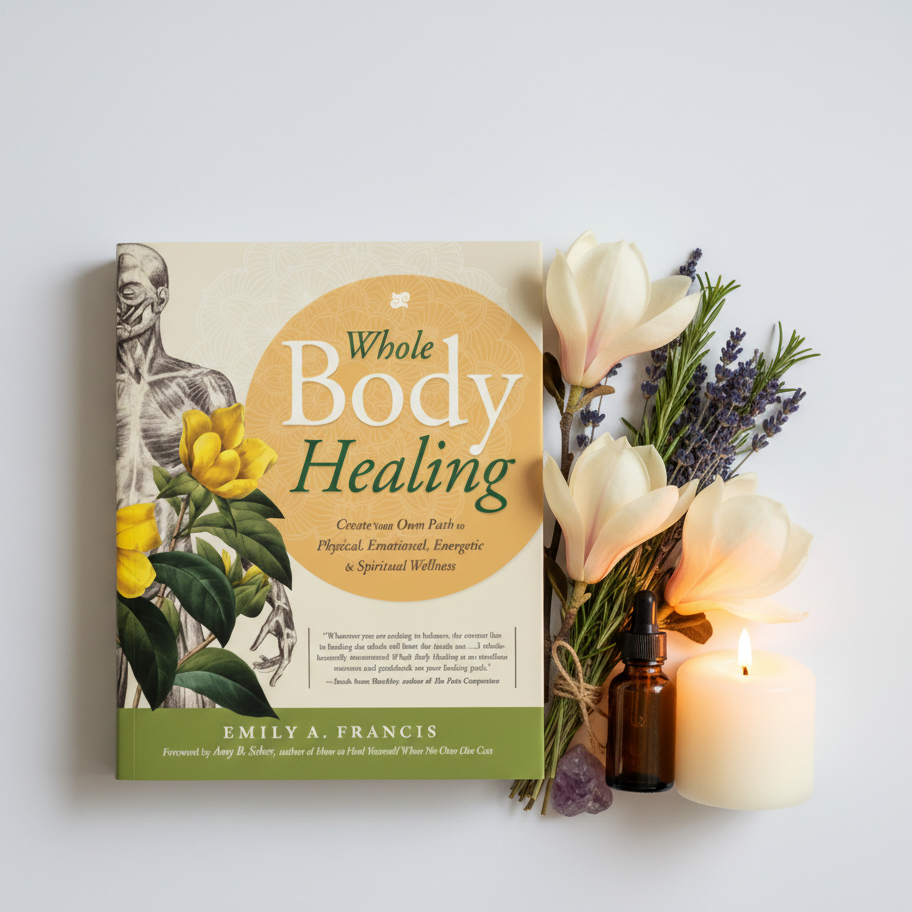 Whole Body Healing by Emily A. Francis - hero shot with botanicals and crystals on light grey background