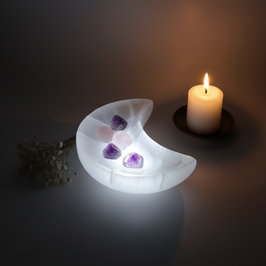Polished white selenite moon bowl with tumbled crystals, white flowers and candle