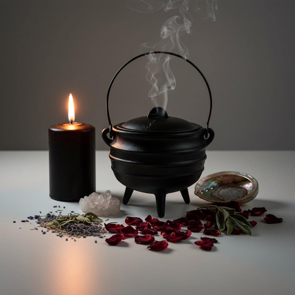 Black cast iron cauldron with smoke rising from lid, surrounded by candle, crystals and dried herbs