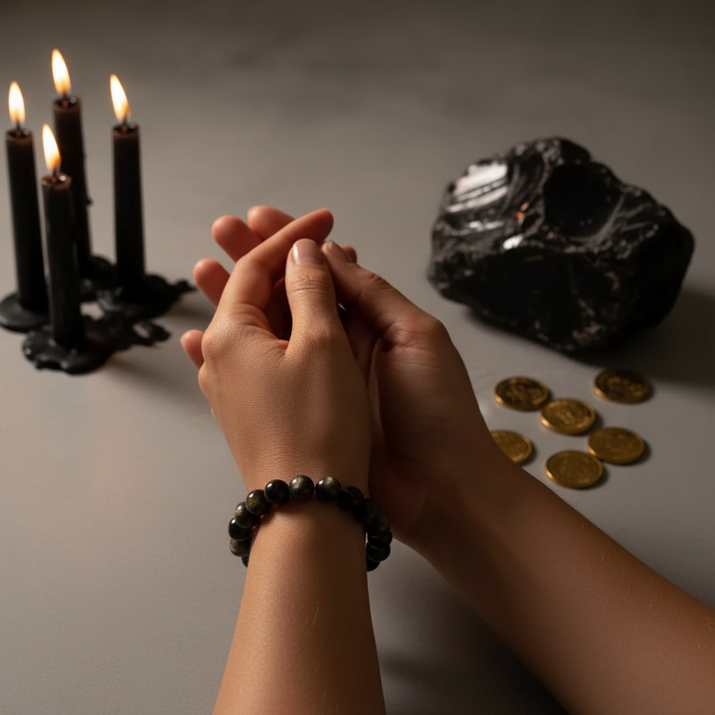 Hands in meditation pose wearing Gold Sheen Obsidian beaded bracelet with obsidian crystals and gold coins